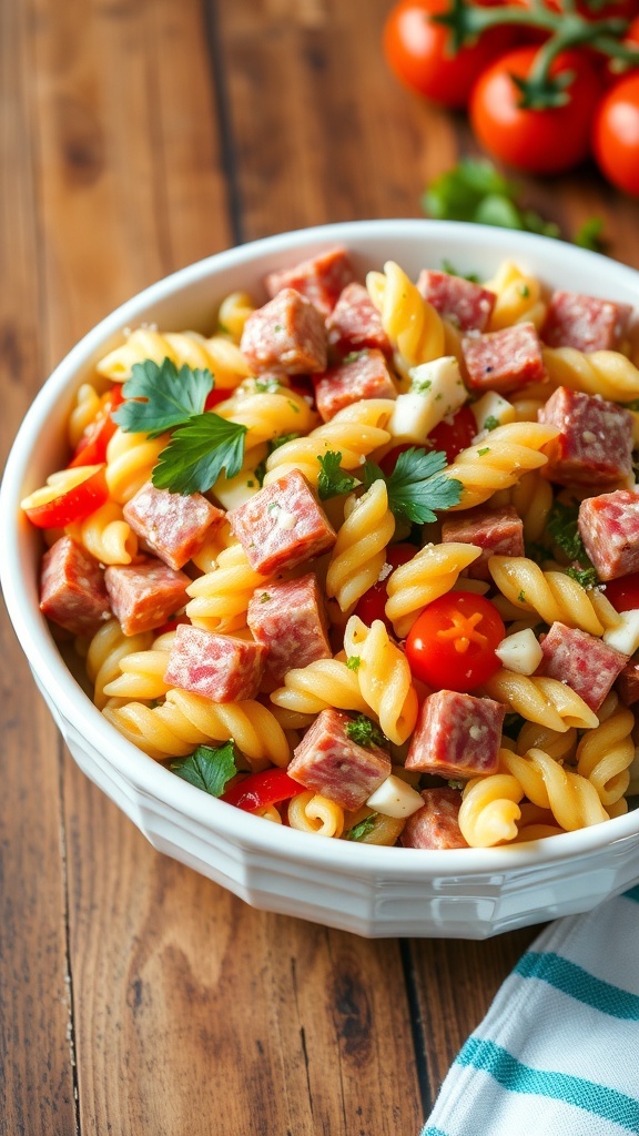 A vibrant Italian grinder pasta salad with salami, pepperoni, provolone cheese, and fresh vegetables in a bowl.